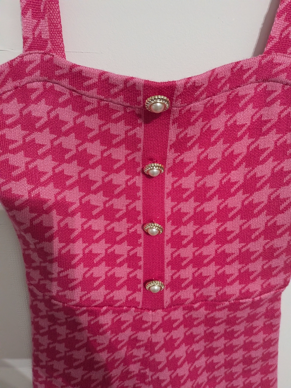 Pink Houndstooth Sleeveless Romper with Button Front - Picture 2 of 5